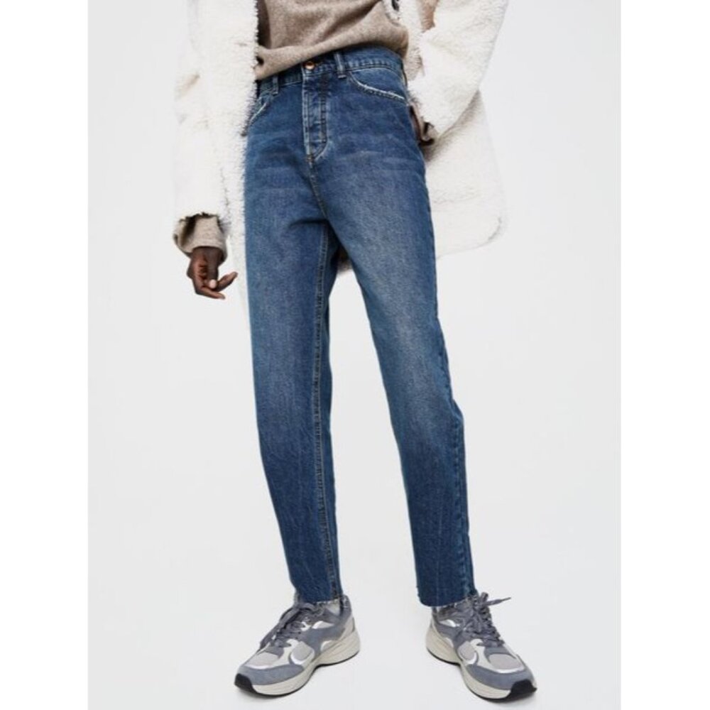 ZARA Jeans Womens 4 Straight Leg Raw Hem Rigid 100% Cotton Button Flap Blue